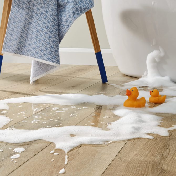 Encore Premium LVT Light Vanilla Oak Luxury Vinyl Tile Flooring Soap Suds Rubber Duck